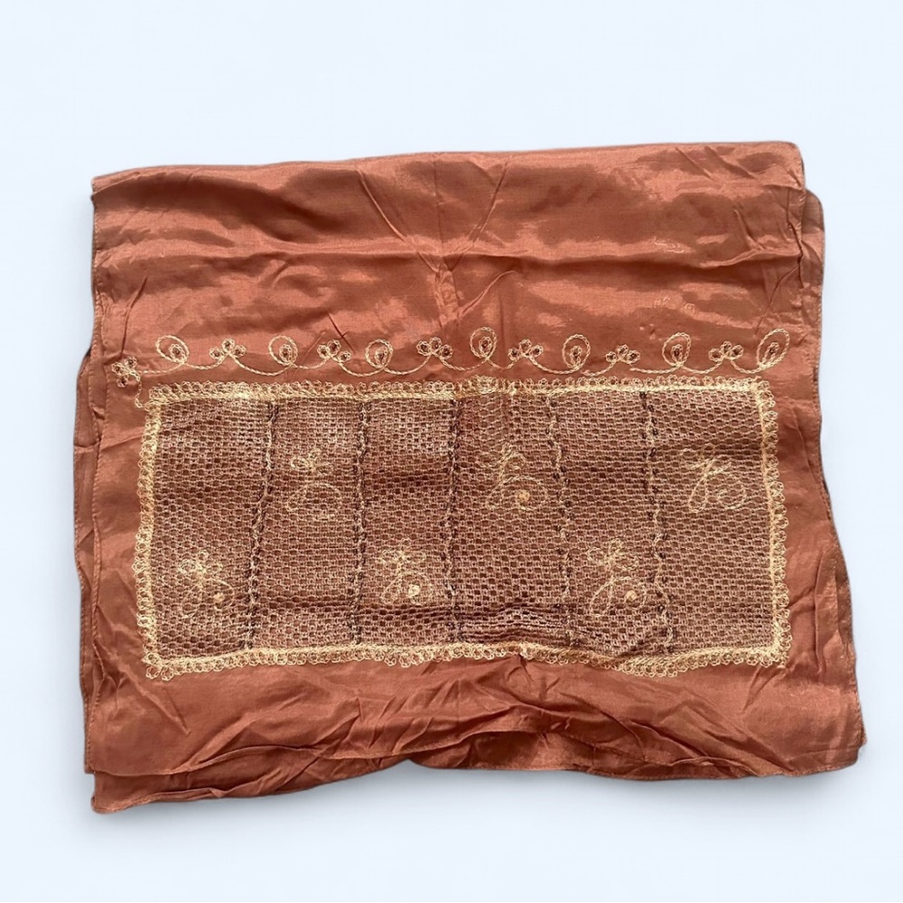Vintage Rust Orange Handmade Embroidered 100% Silk Rectangle Scarf 22x69